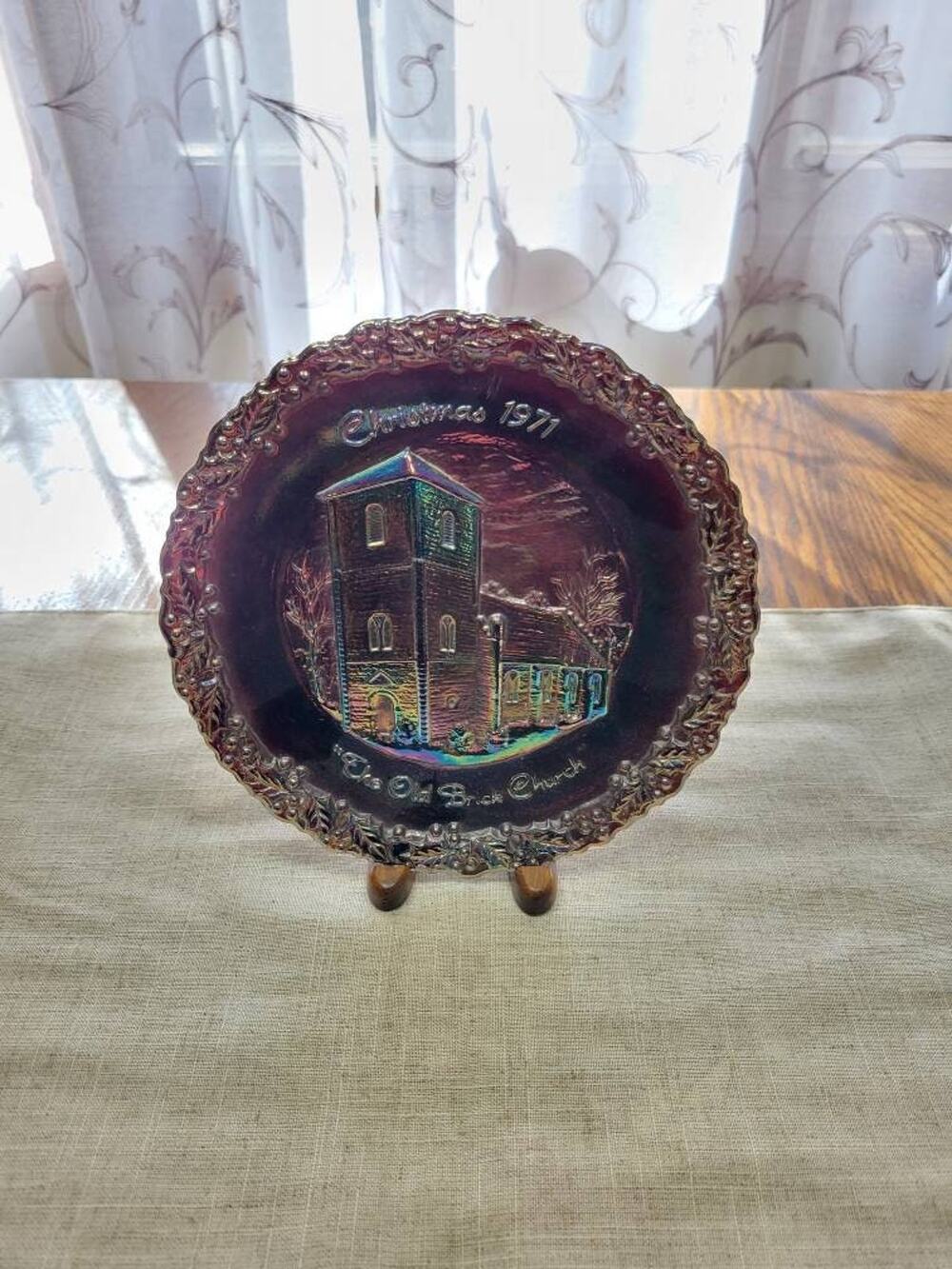 Vintage 1971 Fenton Christmas Plate Amethyst Carnival Glass The Old Brick Church